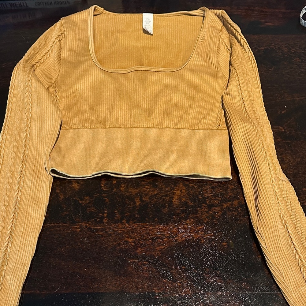 Offline by American Eagle Ribbed Golden Mustard Yellow Long Sleeve Crop Top